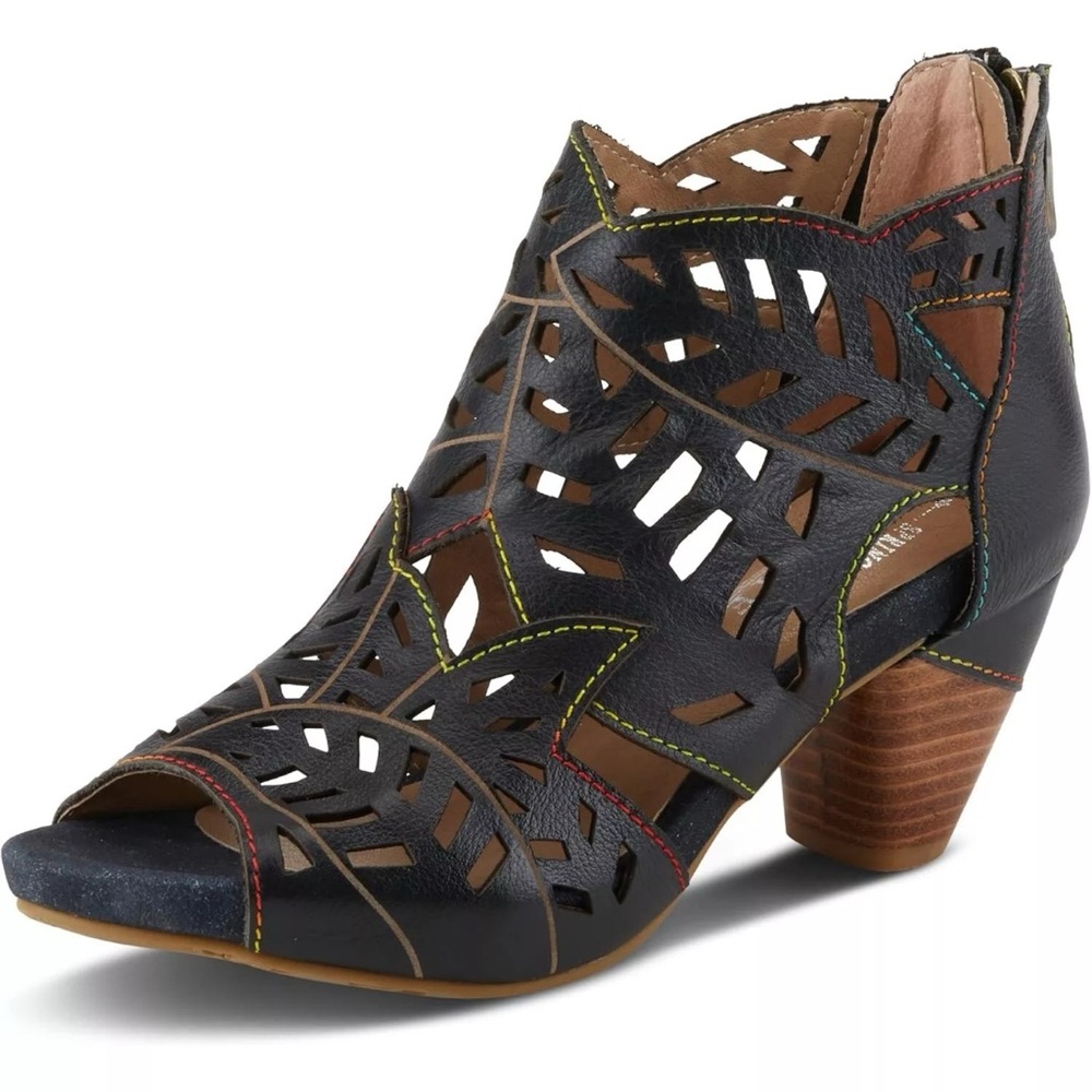 L'Artiste by Spring Step Icon Leaf Laser Cut Black Leather Open Toe Heel Sandals